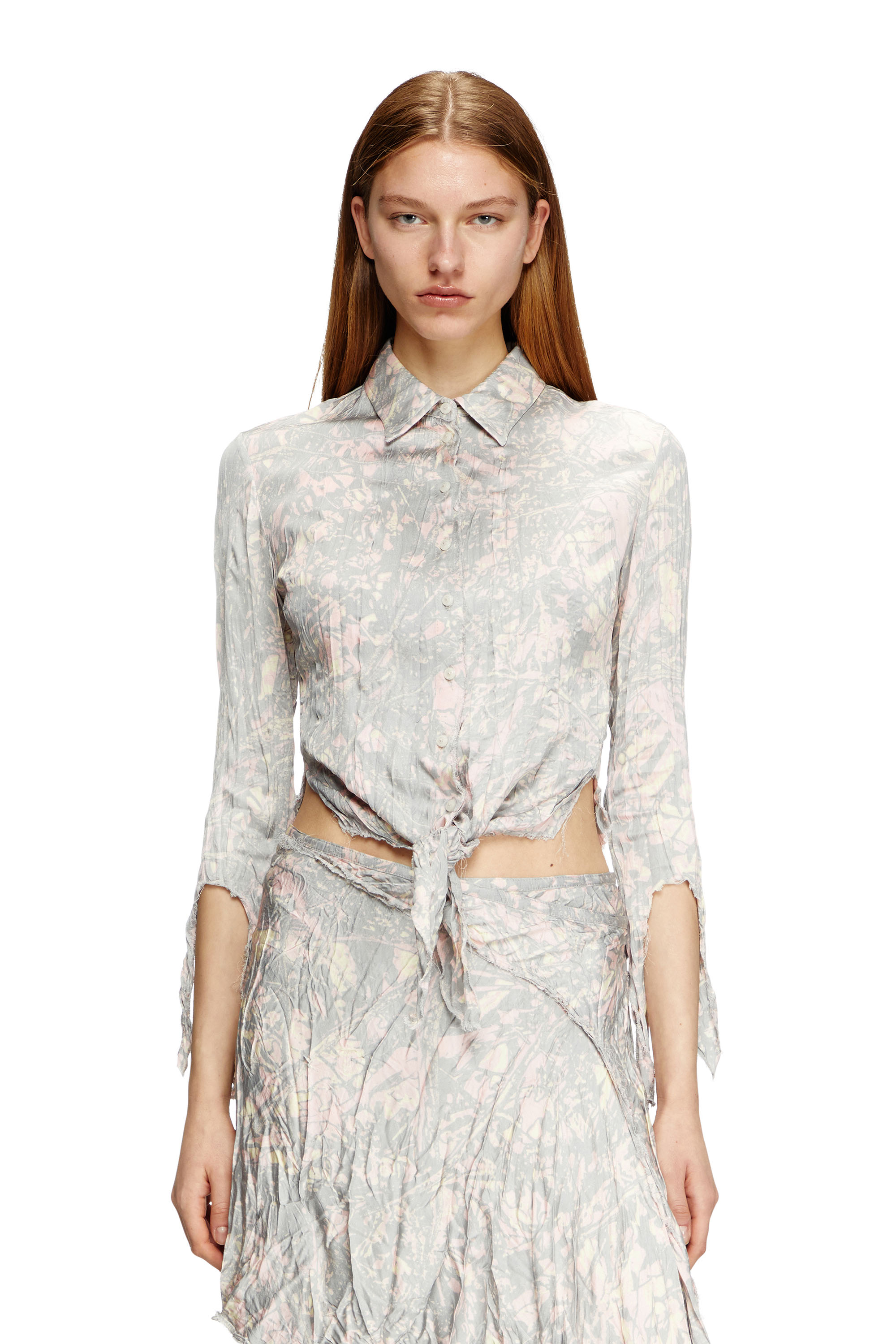 Diesel - C-ALIX, Woman's Cropped shirt with raw cut seams in Pink/Grey - 3