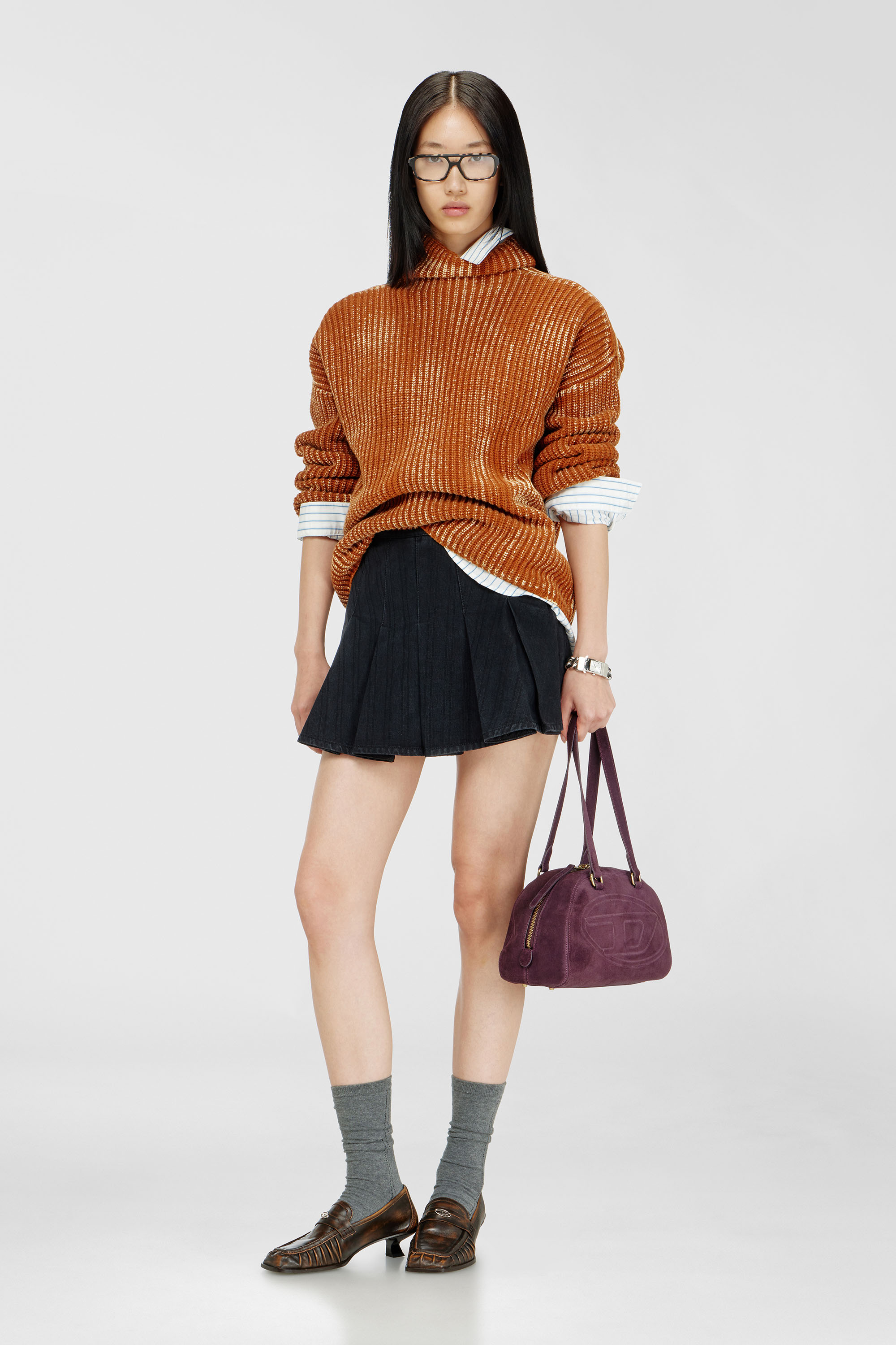 Diesel - M-AMET, Woman's Funnel-neck jumper in ribbed wool blend in Brown - 1