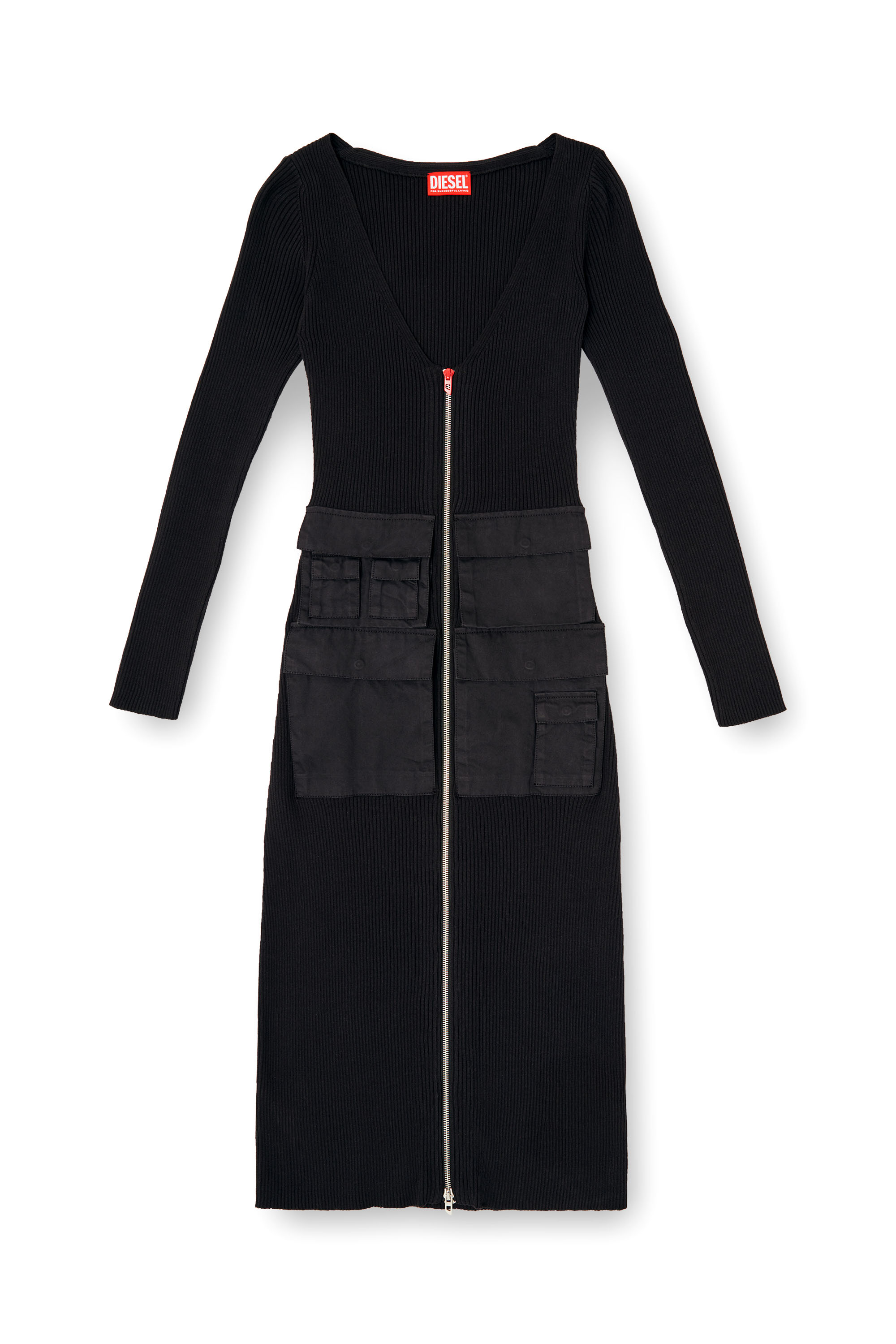 Diesel - M-MELTI-LS, Woman's Ribbed midi dress with cargo pockets in null - 3