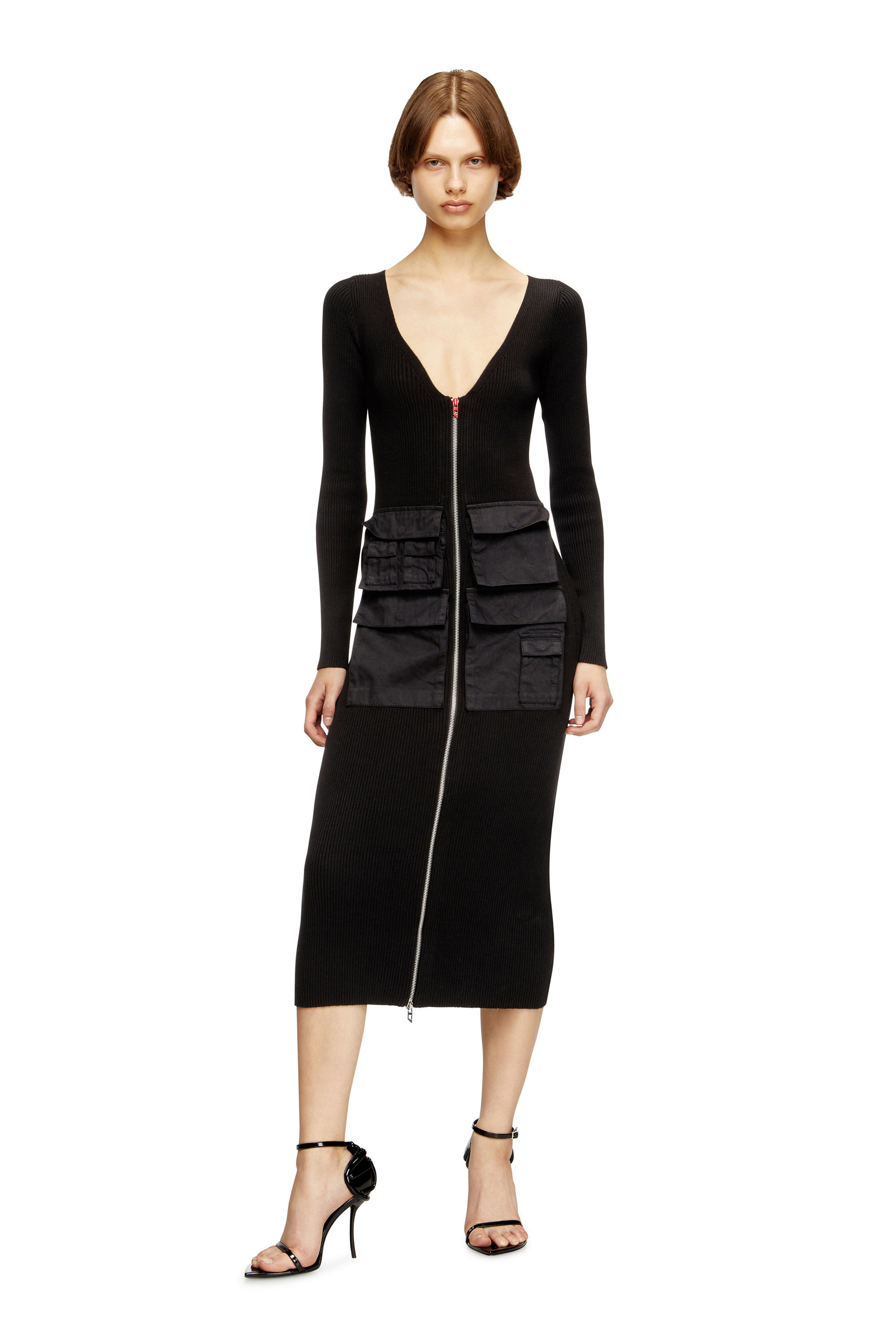 Diesel - M-MELTI-LS, Woman's Ribbed midi dress with cargo pockets in null - 2