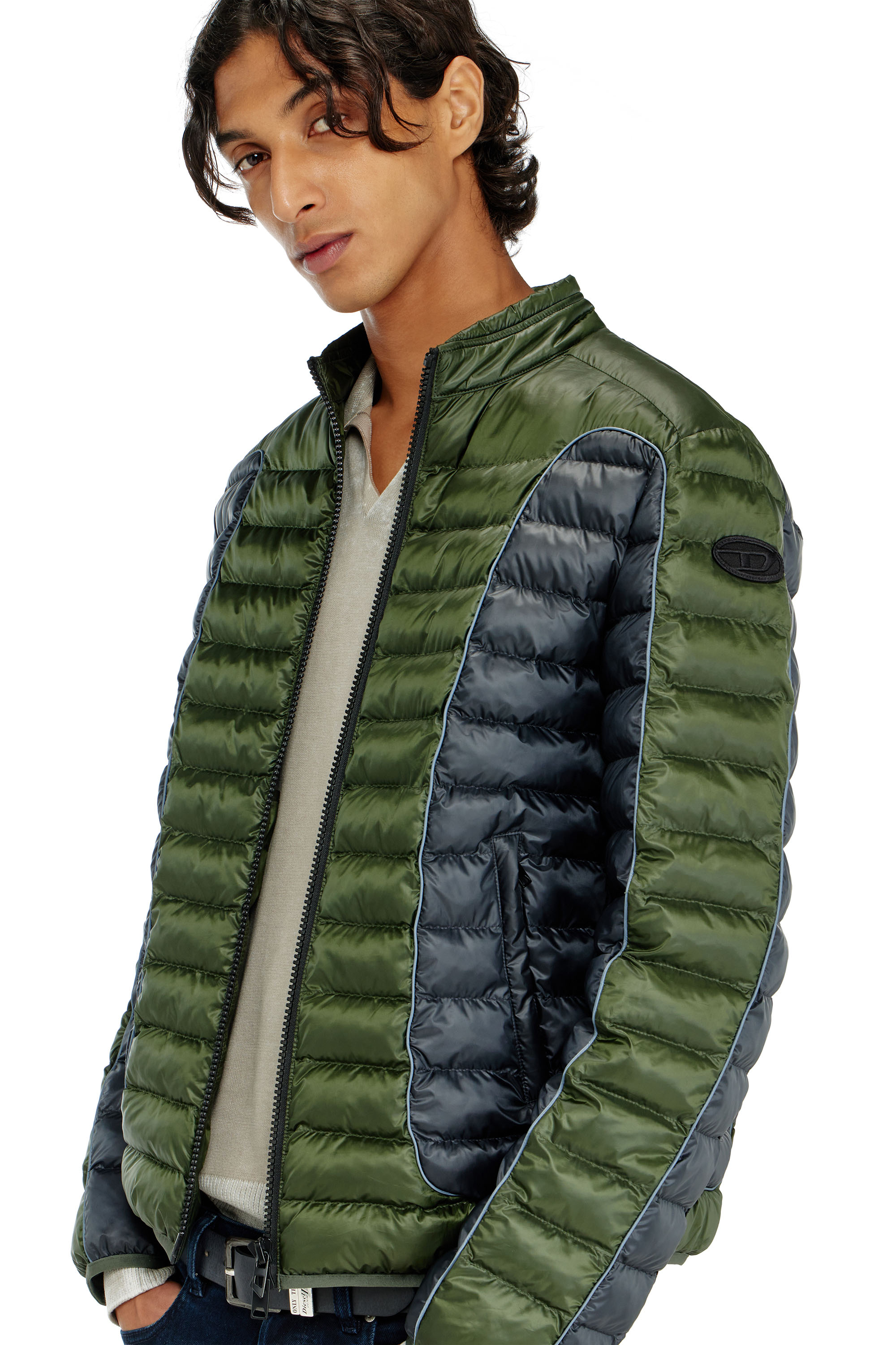Diesel - W-PILOT-BLOCK, Man's Biker-style puffer jacket with colour-block design in Grey/Green - 5