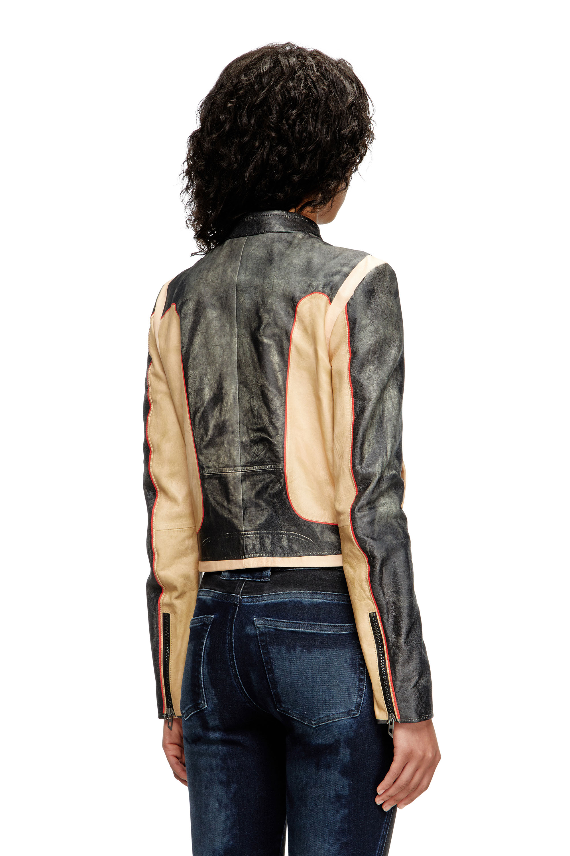 Diesel - L-OONIE, Woman's Trompe l'oeil-effect leather biker jacket in Beige/Black - 4