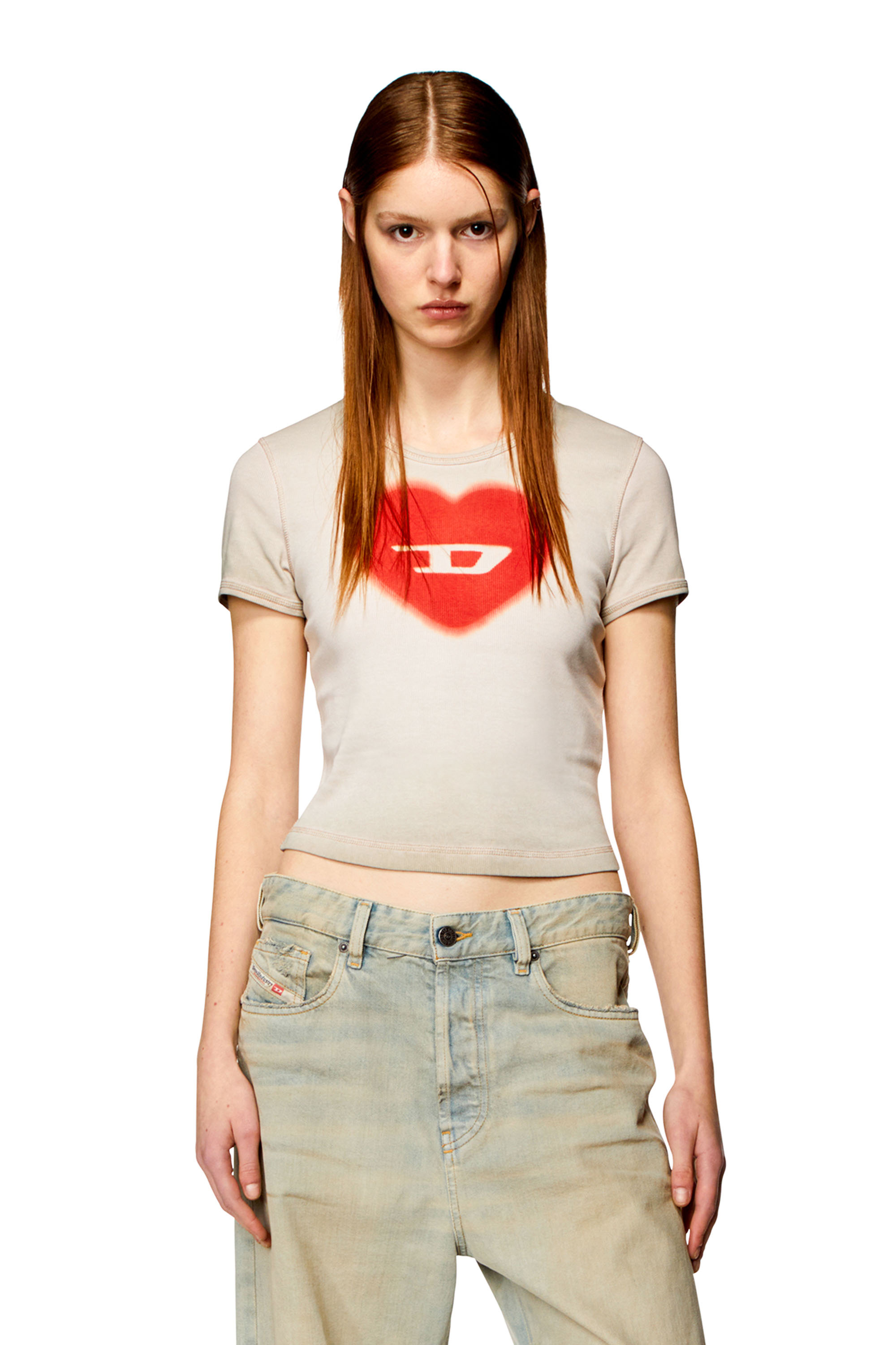 Diesel - T-ELE, Woman's Ribbed T-shirt with watercolour heart D in Beige - 3