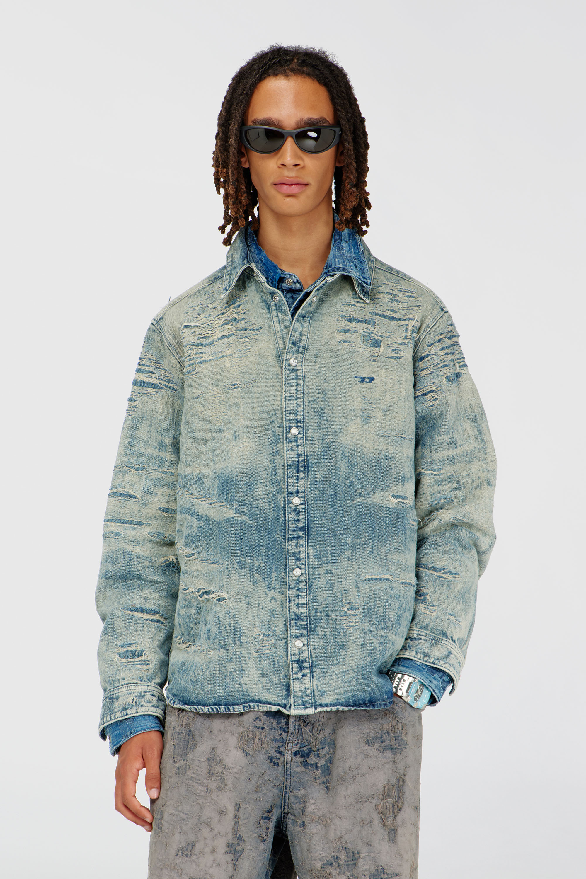 Diesel - D-SIMPLY, Man's Shirt in distressed-effect jacquard denim in Medium blue - 1