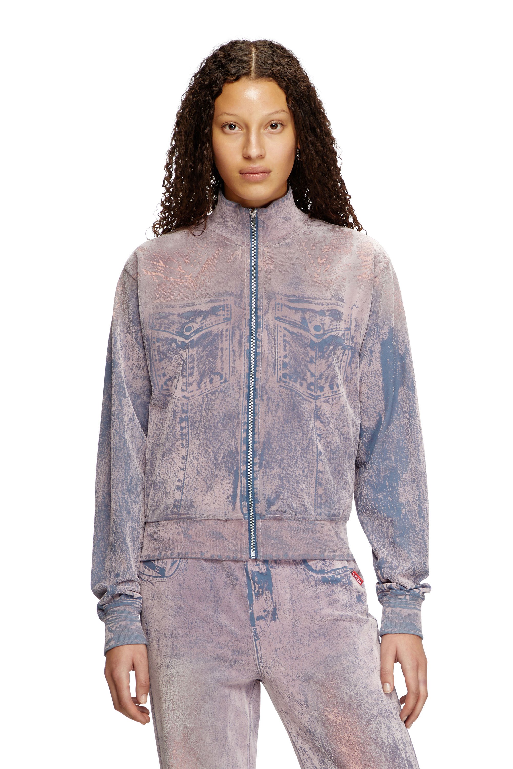 Diesel - F-SLITLY, Woman's Trompe l'oeil flocked zip-up sweatshirt in Blue/Violet - 1