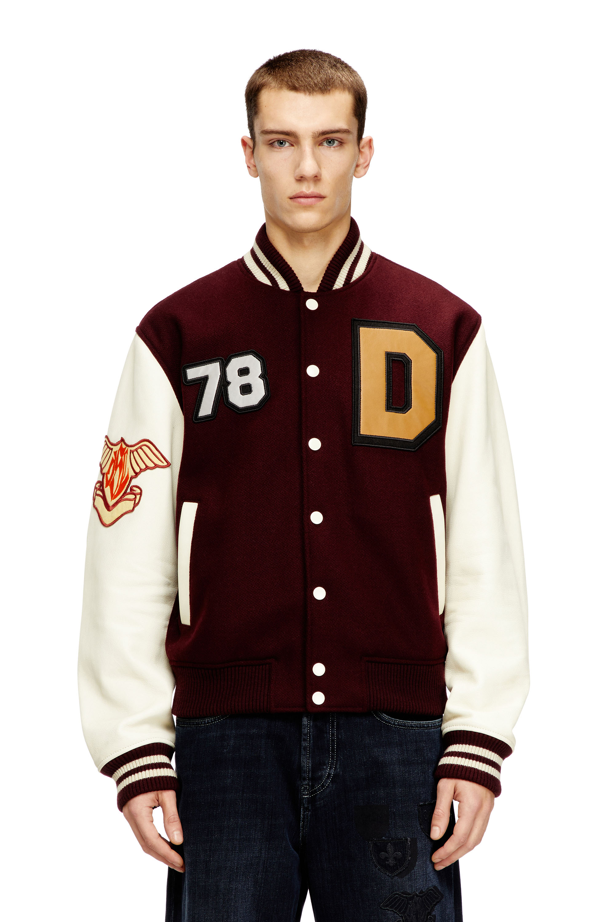 Diesel - L-ARRY-CP, Man's Cropped varsity jacket in wool and leather in Red/White - 1