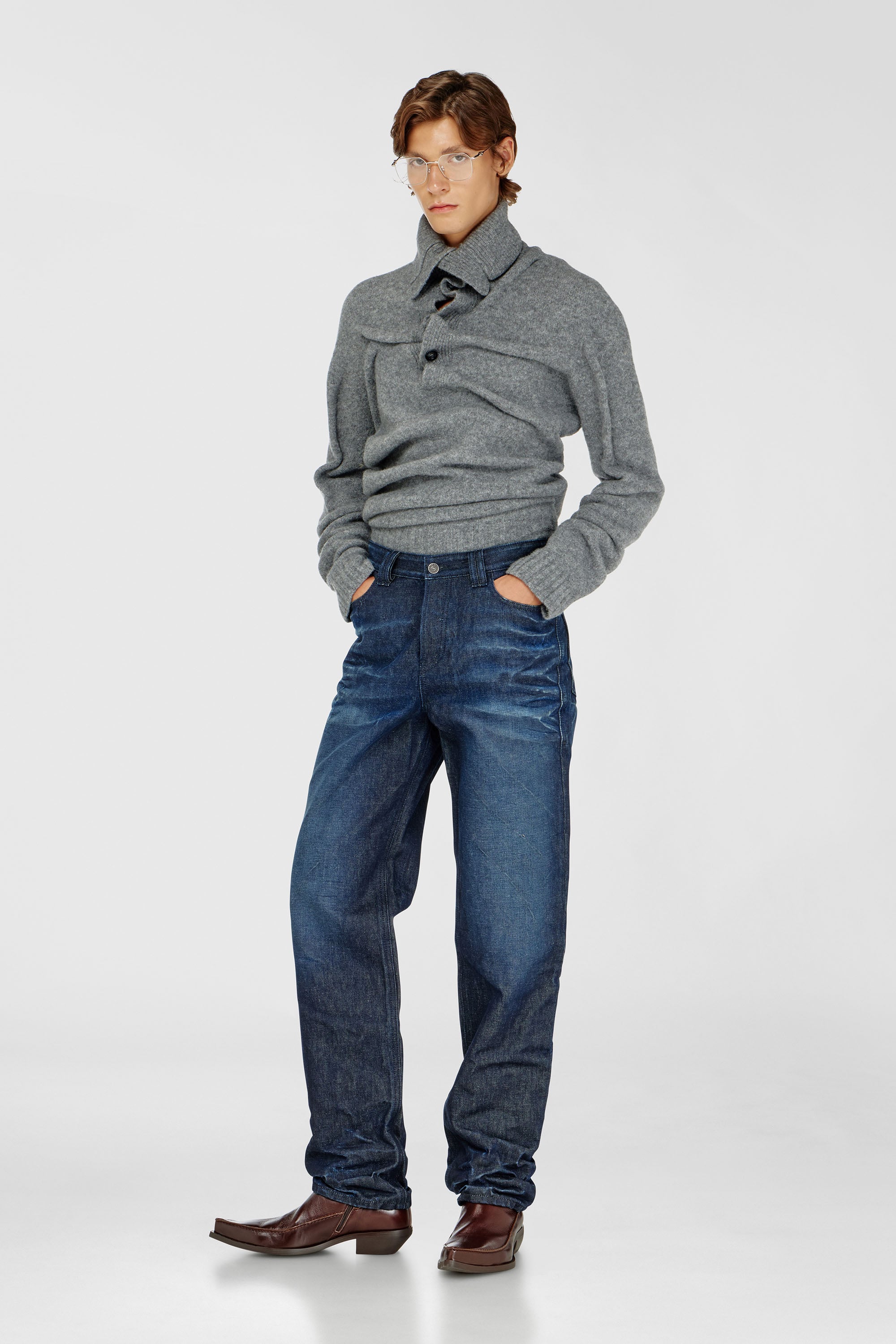 Diesel - K-ANDREW, Man's Button-neck jumper in wrinkled boiled knit in null - 2
