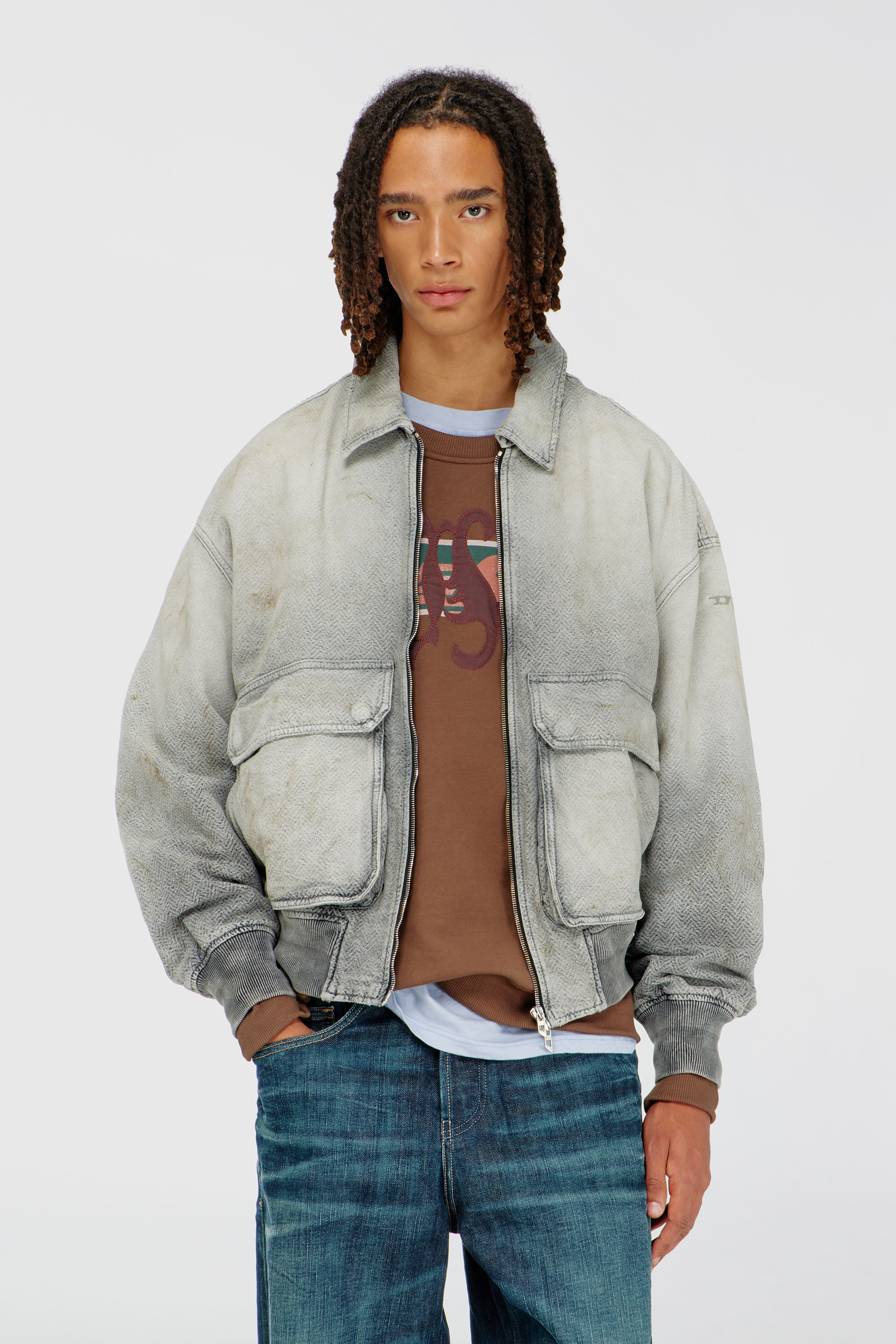 Diesel - D-KURZ, Unisex's Jacket in distressed herringbone denim in Grey - 1