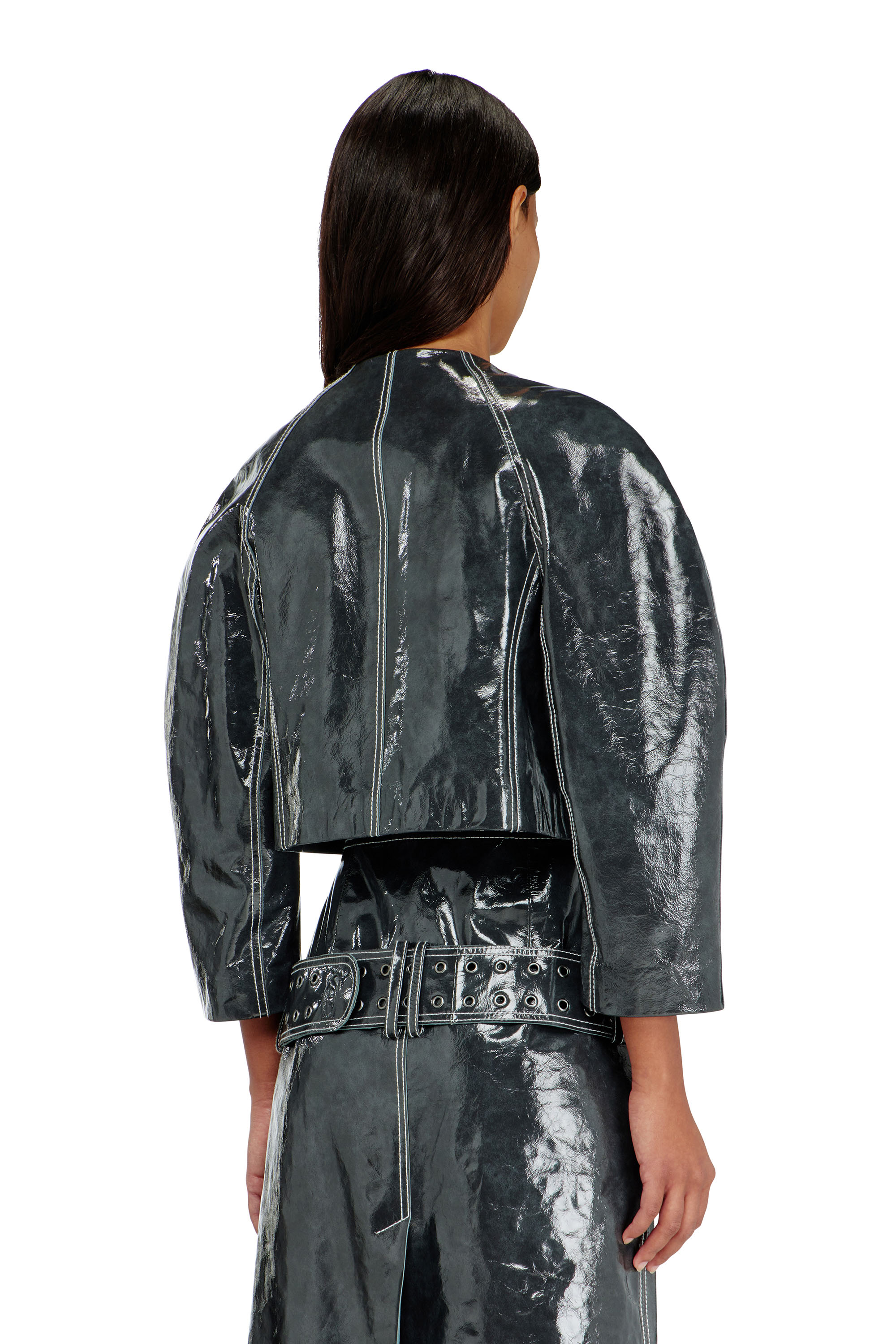 Diesel - L-ANDON, Woman's Patent-leather jacket with cocoon sleeves in Dark grey - 4