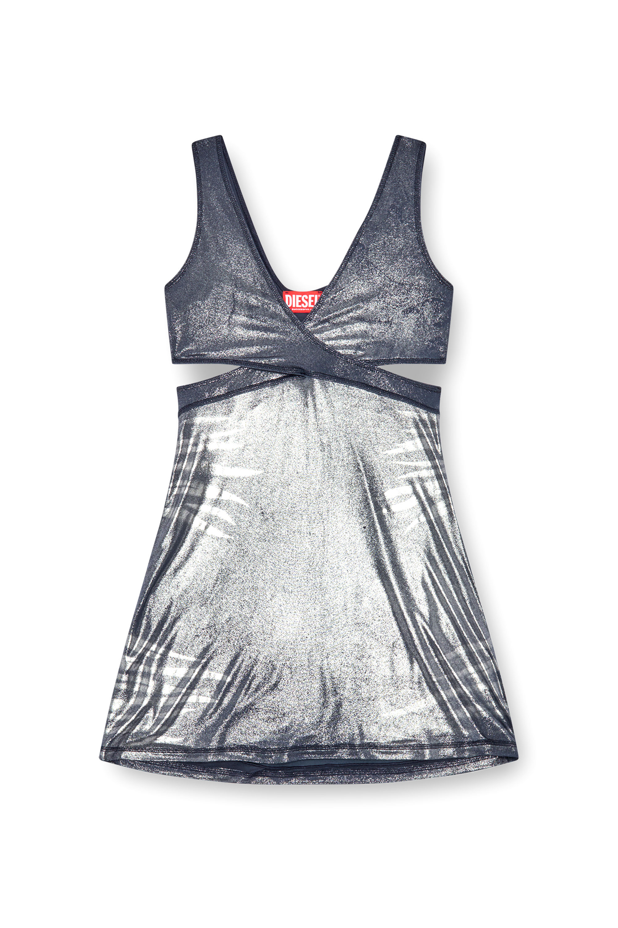 Diesel - D-FARFY, Woman's Short cut-out dress in metallic jersey in Blue/Grey - 2