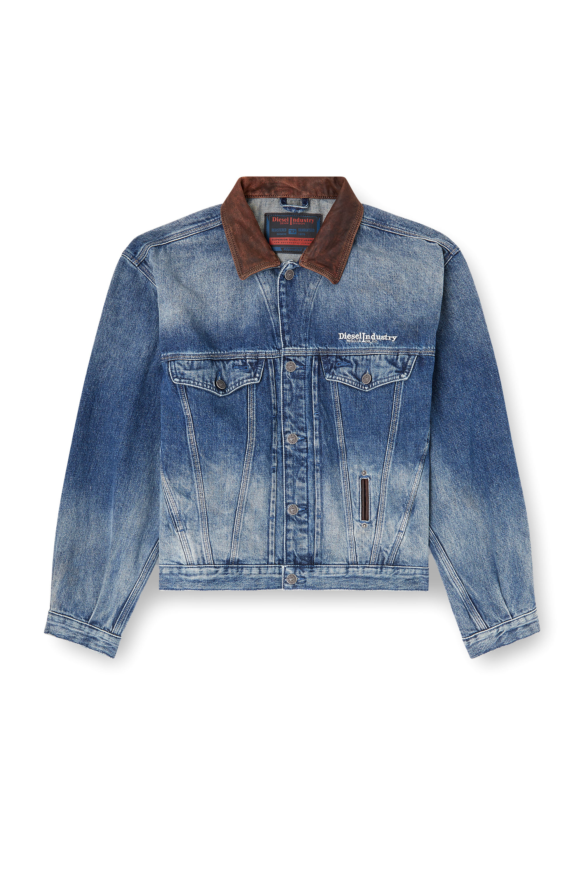 Diesel - D-DENVER-S1, Unisex's Denim trucker jacket with contrast leather trims in Blue - 3