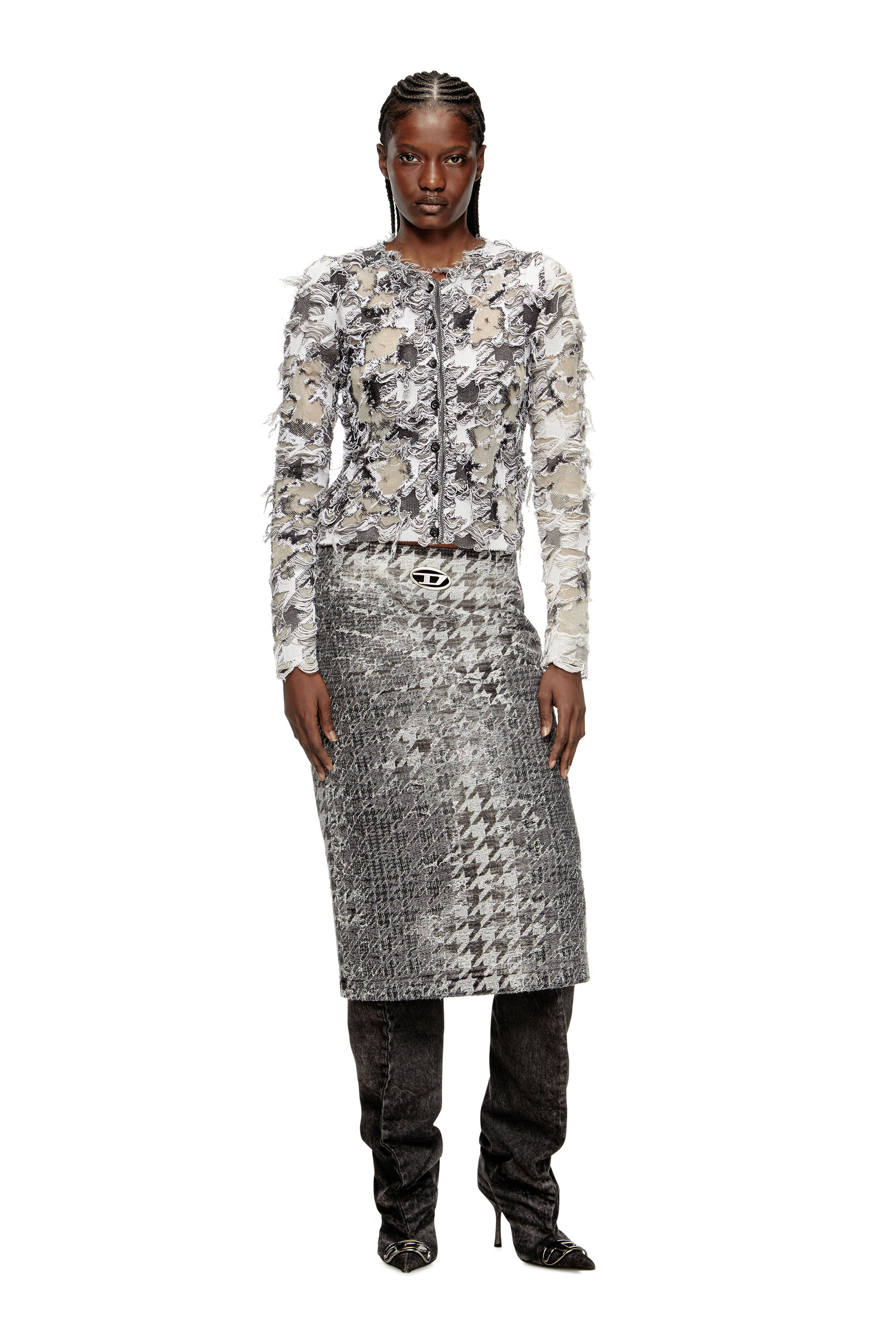 Diesel - M-SIBYLLA, Woman's Cardigan in devoré houndstooth jacquard in Grey/White - 1